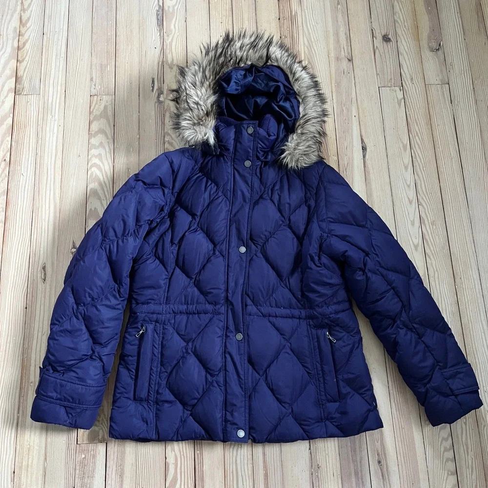 Lands End Women L Purple‎ Diamond Quilted Down Puffer Jacket Faux Fur Hood Lined